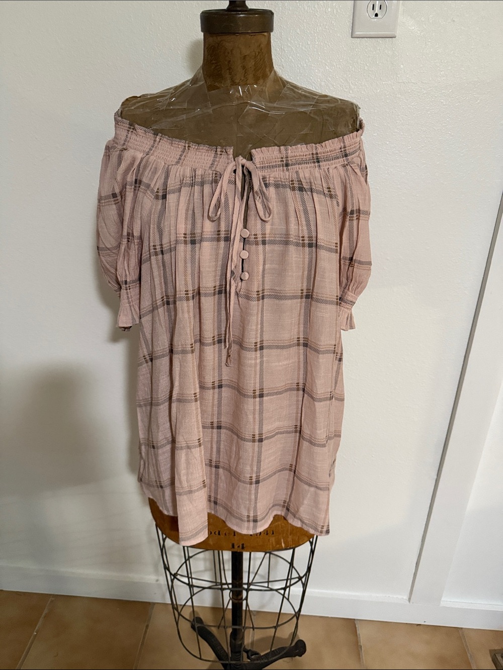 NWT Perch by Blu Pepper Blush Plaid Off-Shoulder Peasant Top Size 2X